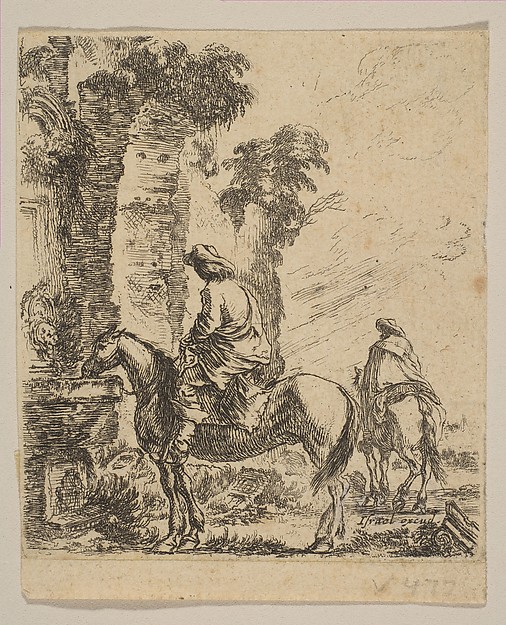Stefano della Bella, Plate 19: Landscape with a Cavalier Watering His Horse at a Fountain, from "Various figures and doodles" (Diverses figures et griffonnemens)