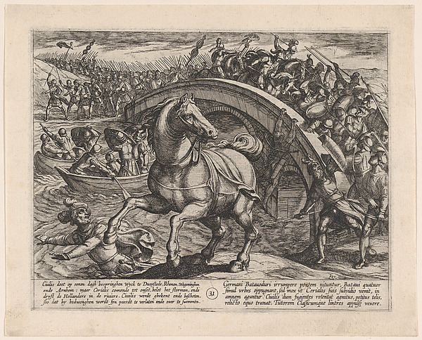 Antonio Tempesta, Plate 31: Civilis Forced to Dismount and Swim Across the River, from The War of the Romans Against the Batavians