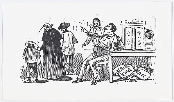 José Guadalupe Posada, A rich man with bags of money at his feet sending people away