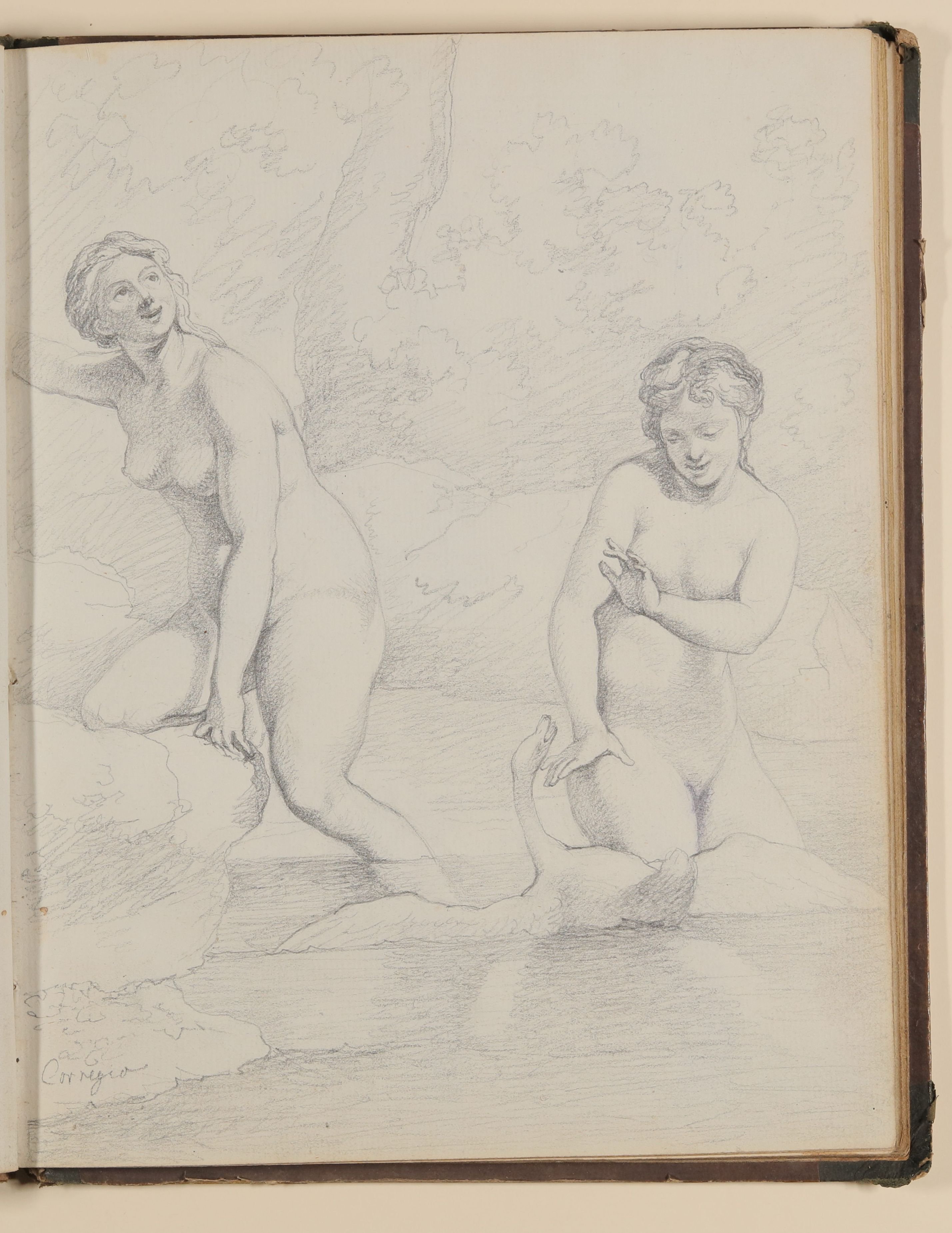 Louis Thomassin, Zwei badende Frauen mit Schwan, Teilkopie nach Correggio [aus einem Skizzenbuch von unbekannter Hand, evtl. des Louis Thomassin]