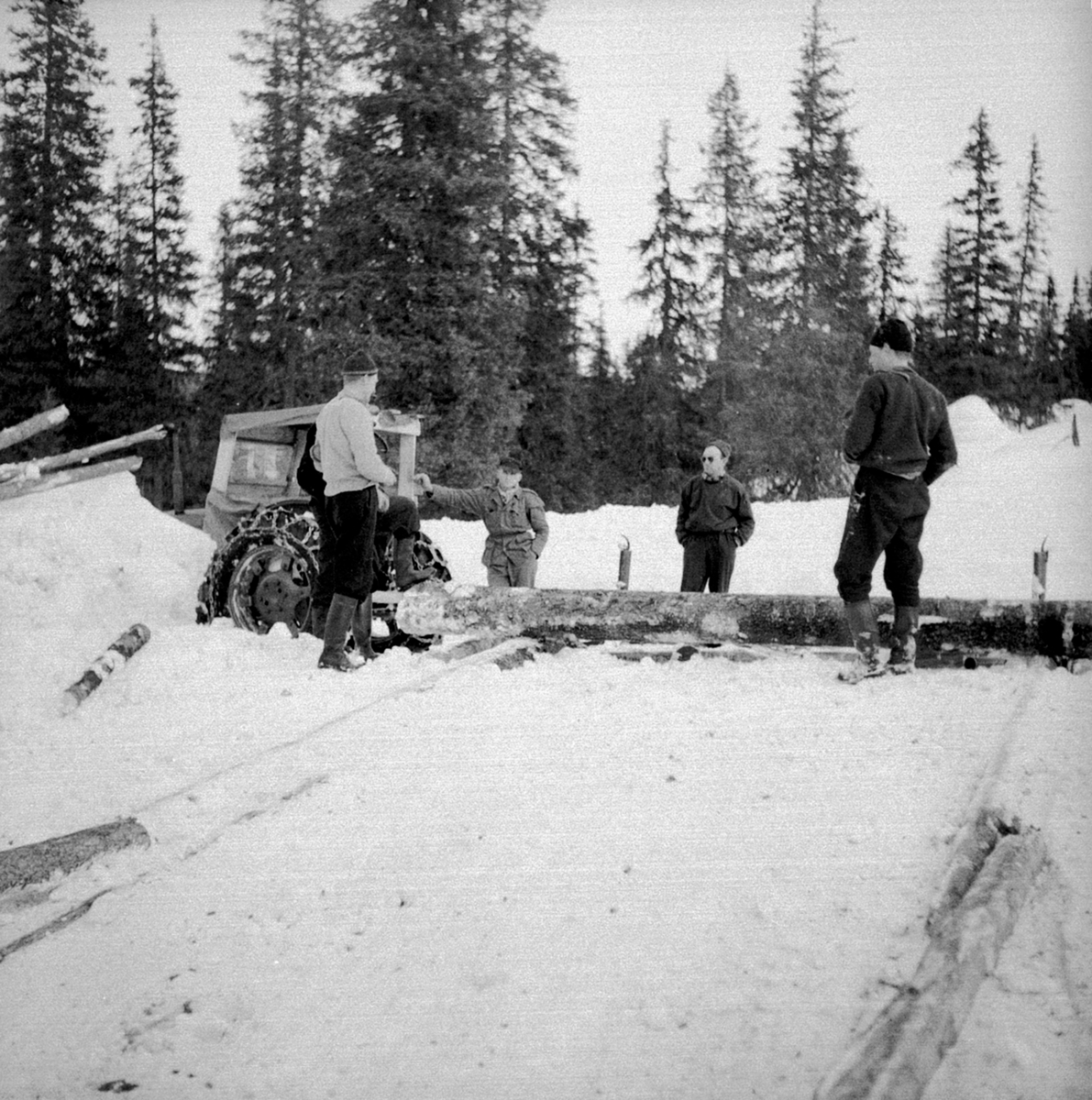 Anno Domkirkeodden, Tømmerhuggere, skogbruksarbeidere ved Berger Langmoen A/S, Brumunddal. Transport av tømmer.