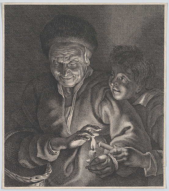 Anonymous, Old woman and a boy with candles