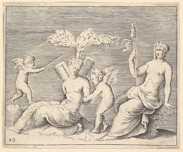 Anonymous, Italian, 16th century, Two Women and Two Cupids, from "Ex Antiquis Cameorum et Gemmae Delineata/ Liber Secundus/et ab Enea Vico Parmen Incis"