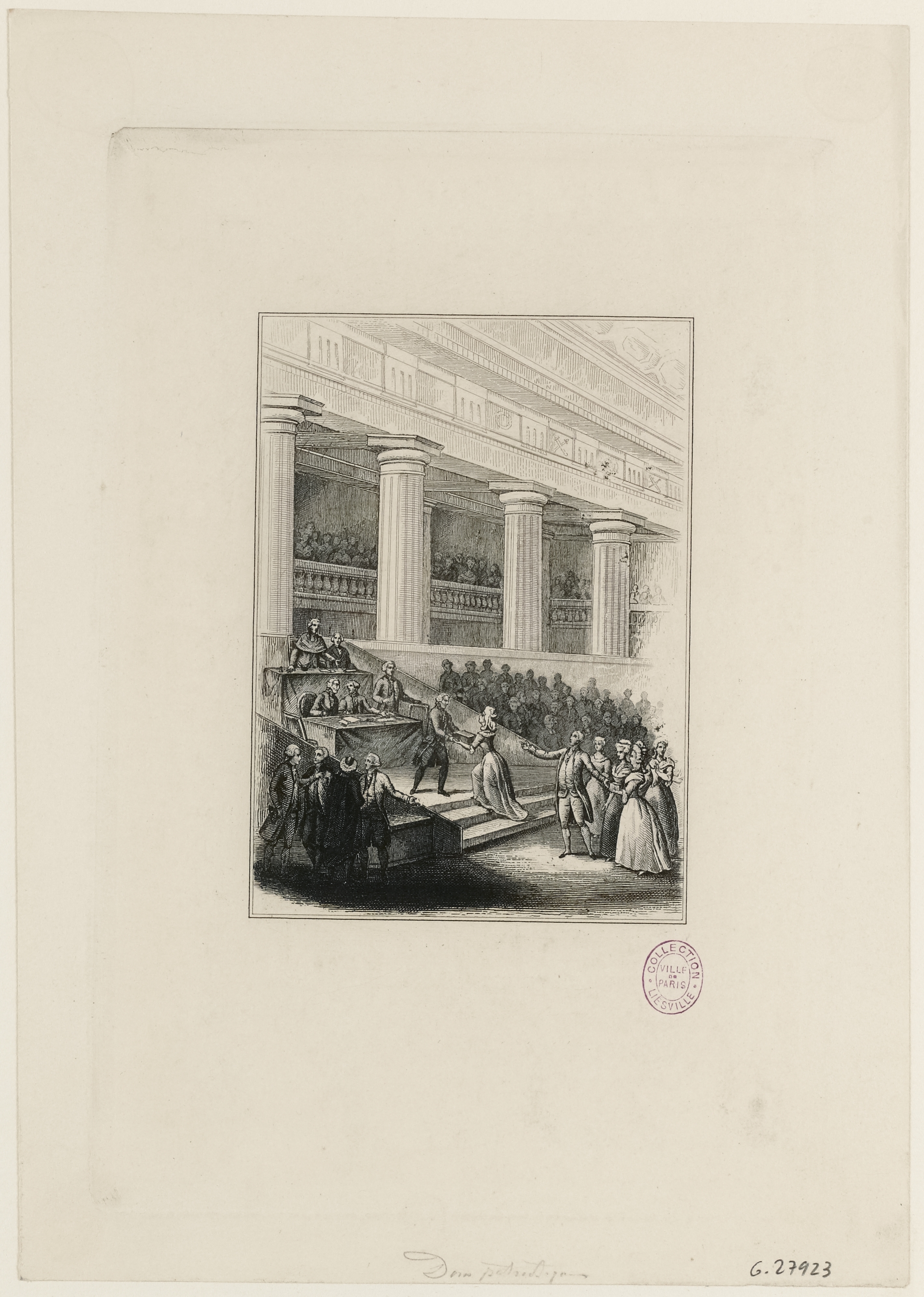 Anonyme, Offrandes faites par des dames d'artistes à l'Assemblée Nationale Constituante (réunie à Versailles), le 7 septembre 1789. Mme Moitte leur remet une cassette de bijoux.