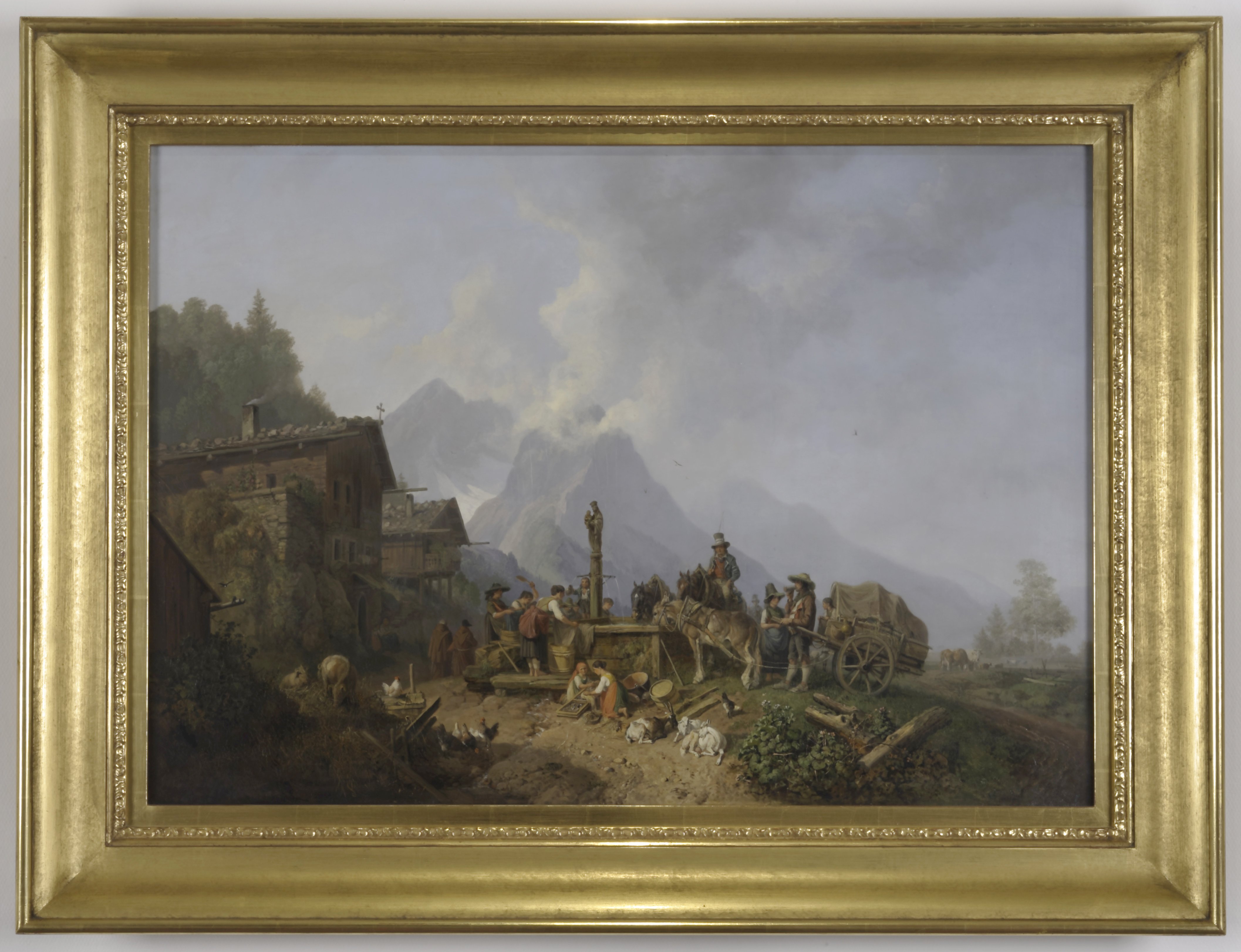 Heinrich Bürkel, Szene am Brunnen in einem Gebirgsdorf bei Garmisch