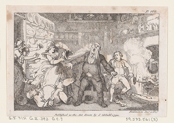 Thomas Rowlandson, Hostess Discharges a Pan of Blood into the Face of Parson Andrews, from "The Adventures of Joseph Andrews, and his friend Mr. Abraham Adams"