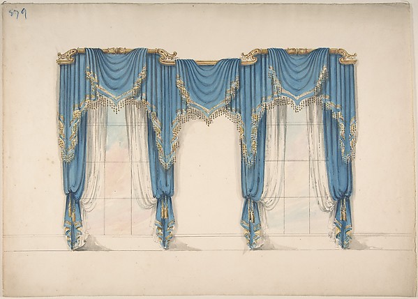 Anonymous, British, 19th century, Design for Blue Curtains with Gold Fringes and Pediments
