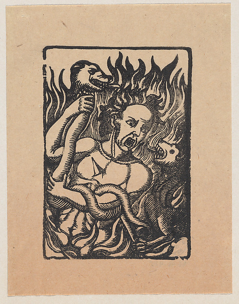 José Guadalupe Posada, Figure pierced by an arrow, holding a serpent and surrounded by flames