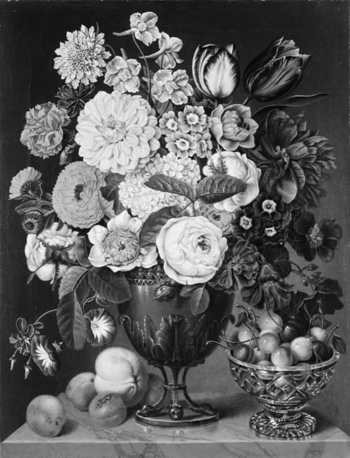 Carl Christian Seydewitz, Blomster i en trefodet vase og en skål med kirsebær