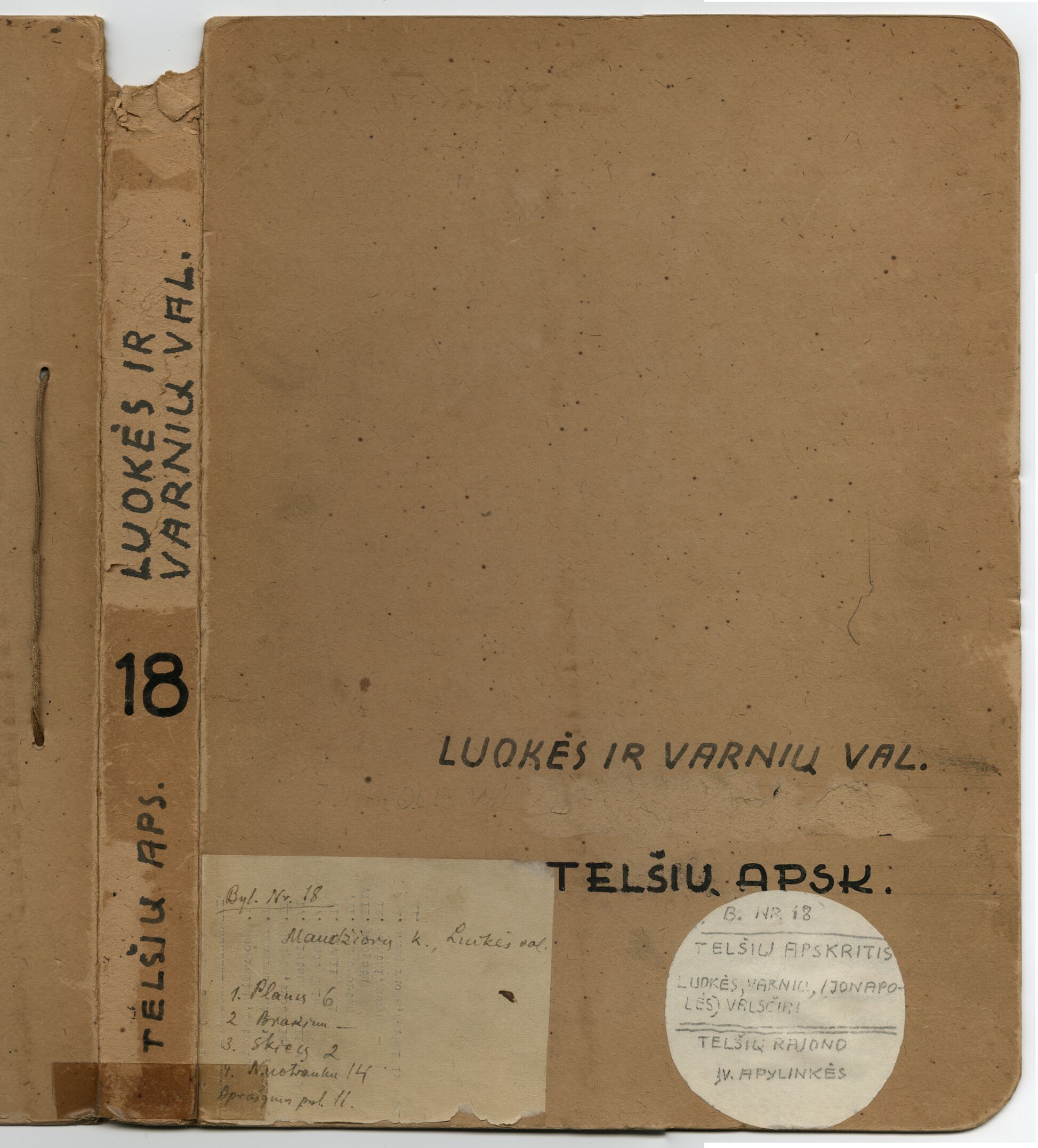 Vladas Zdzichauskas, Archyvinė byla Nr. 18. Telšių apskr., Luokės ir Varnių vlsč. kaimų etnografinė medžiaga