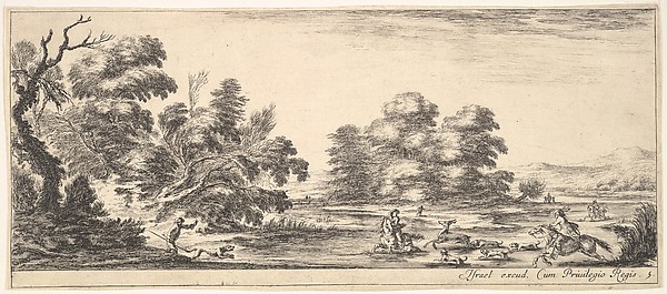 Stefano della Bella, Plate 5:  two horsemen in a stream to right, riding towards the left, following four dogs chasing a stag, another dog running into the water from the left, from "Various Landscapes" (Divers Paysages)