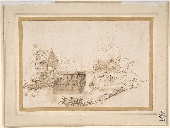 Nicolaes Maes, Landscape with a Draughtsman Seated by a River, a Bridge and a Cottage Behind