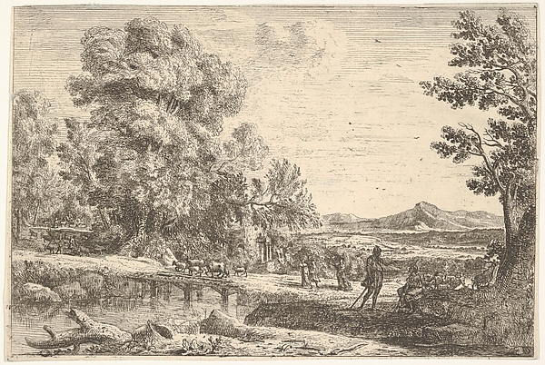 Claude Lorrain (Claude Gellée), Rebecca and Eliezer taking leave of her father, Bethuel, set in a landscape, a large tree to the left
