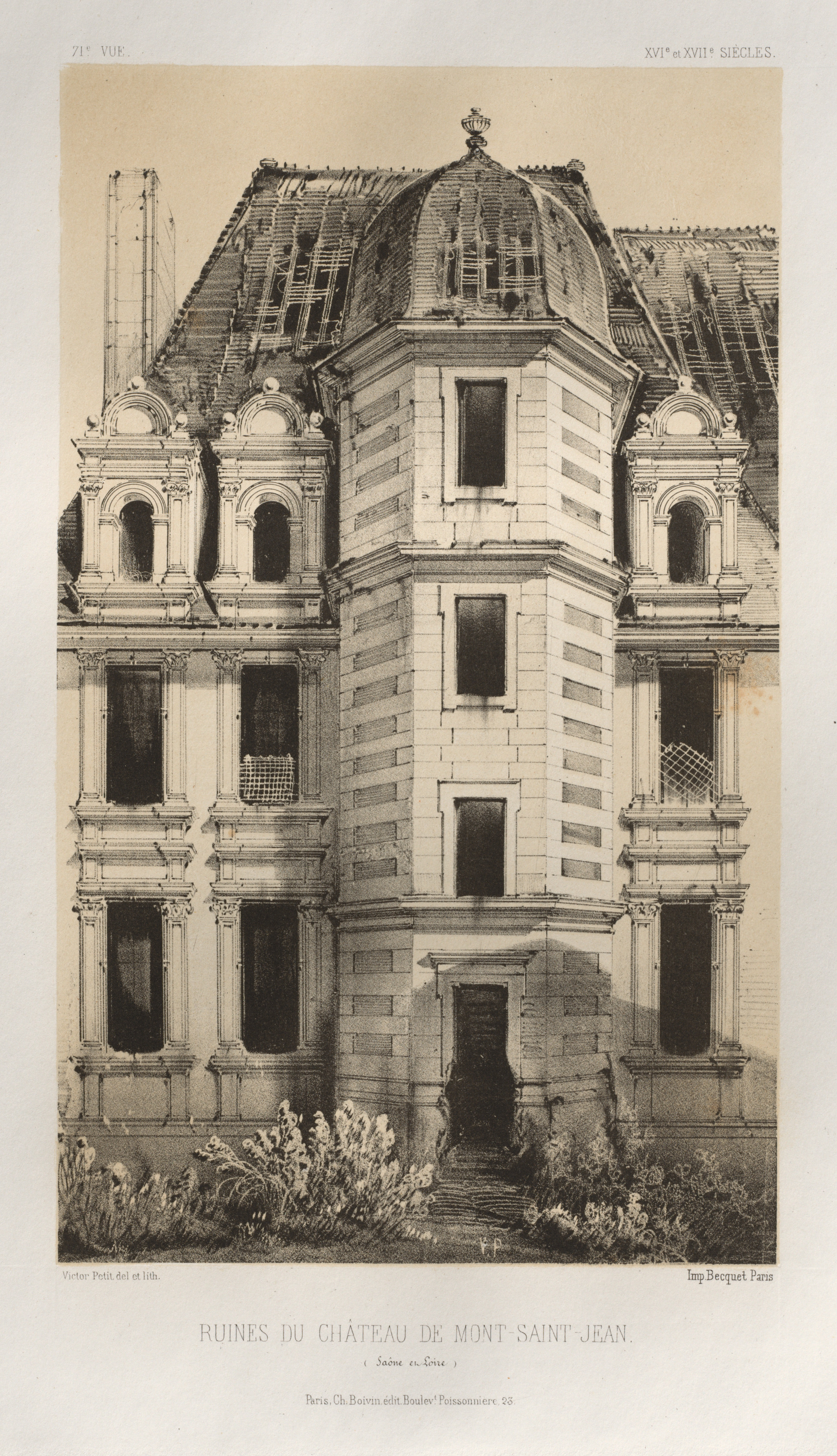 Victor Petit, Architecture Pittoresque ou Monuments des XVeme. Et XVIeme. Siecles: Chateaux de France des XV et XVI Siecles: Pl. 71, Ruines Du Château De Mont-Saint-Jean (Saône et Loire)