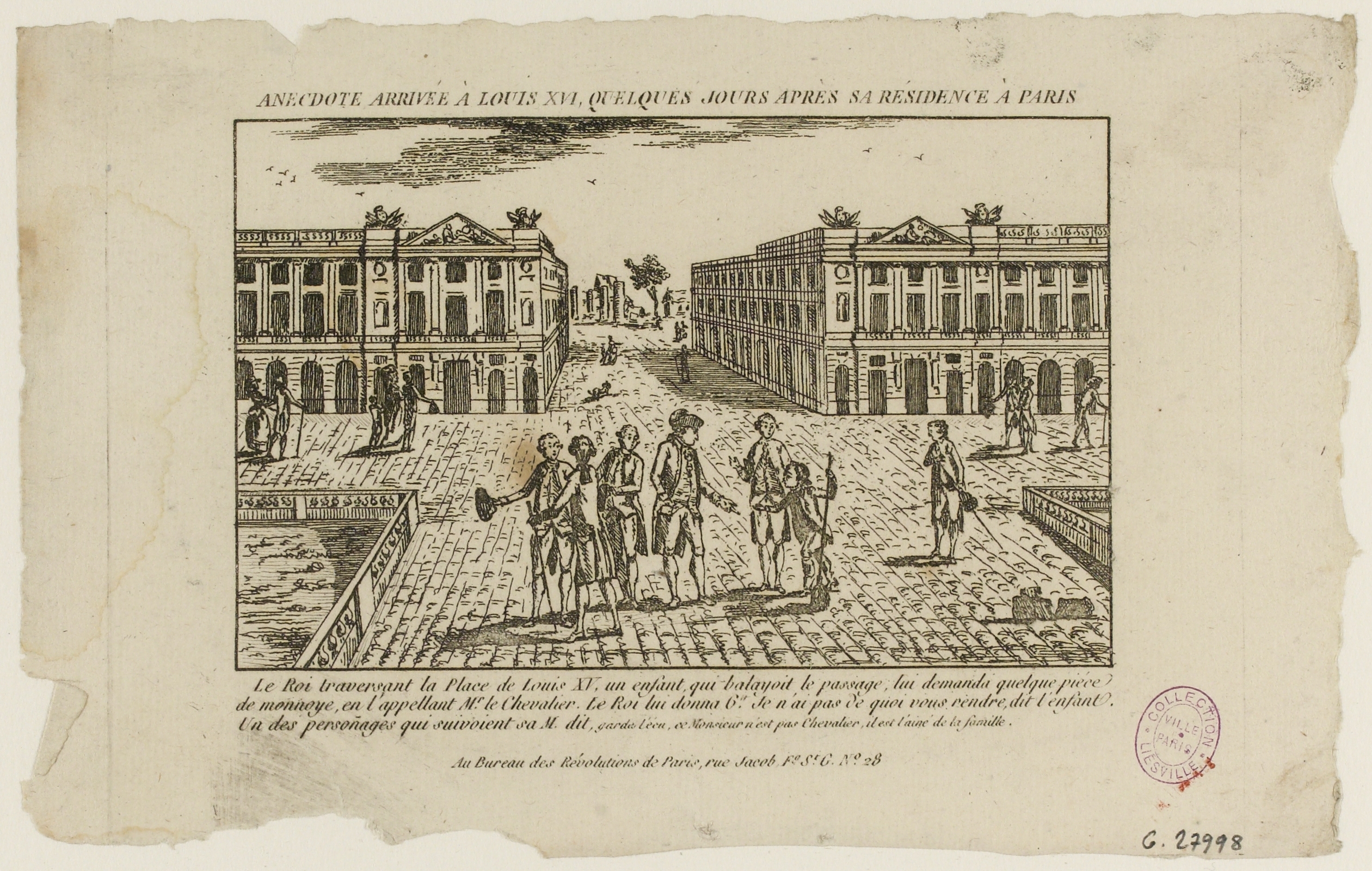 Anonyme, Anecdote du Roi Louis XVI, place Louis XV. Le roi donne une pièce à un enfant balayeur. Octobre 1789. Actuelle place de la Concorde, 8ème arrondissement. Extrait du Journal des Révolutions de Paris.