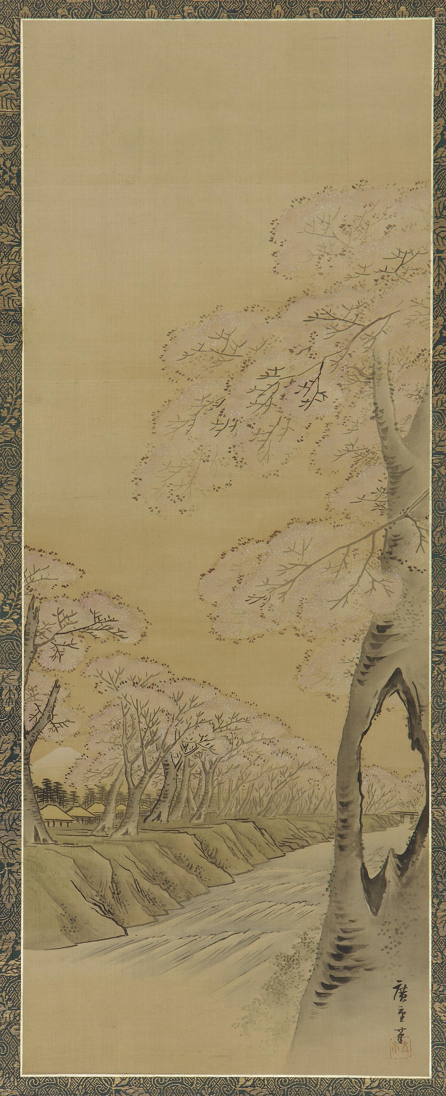 Utagawa Hiroshige II, Landscape: flowering cherry trees along the banks of a stream