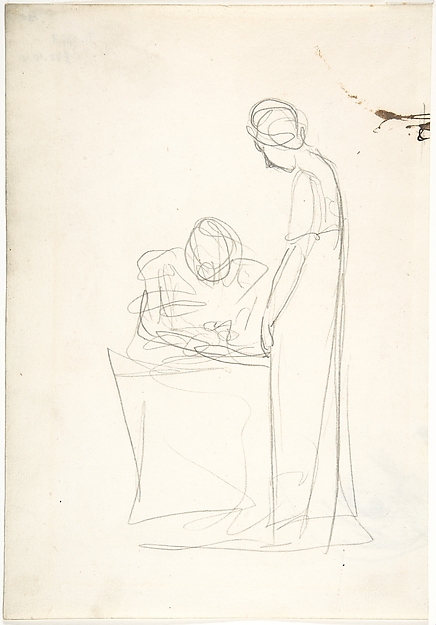 George Romney, Study of two figures: one seated, the other standing (recto). Study of a head looking upwards (verso)