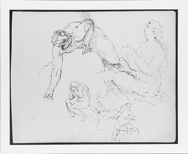 Thomas Sully, Nude Man Leaning Over Rock; Seated Female Figure; Seated Nude Female Figure with Hands to Face; Two Men Carrying Dead Body (from Sketchbook)