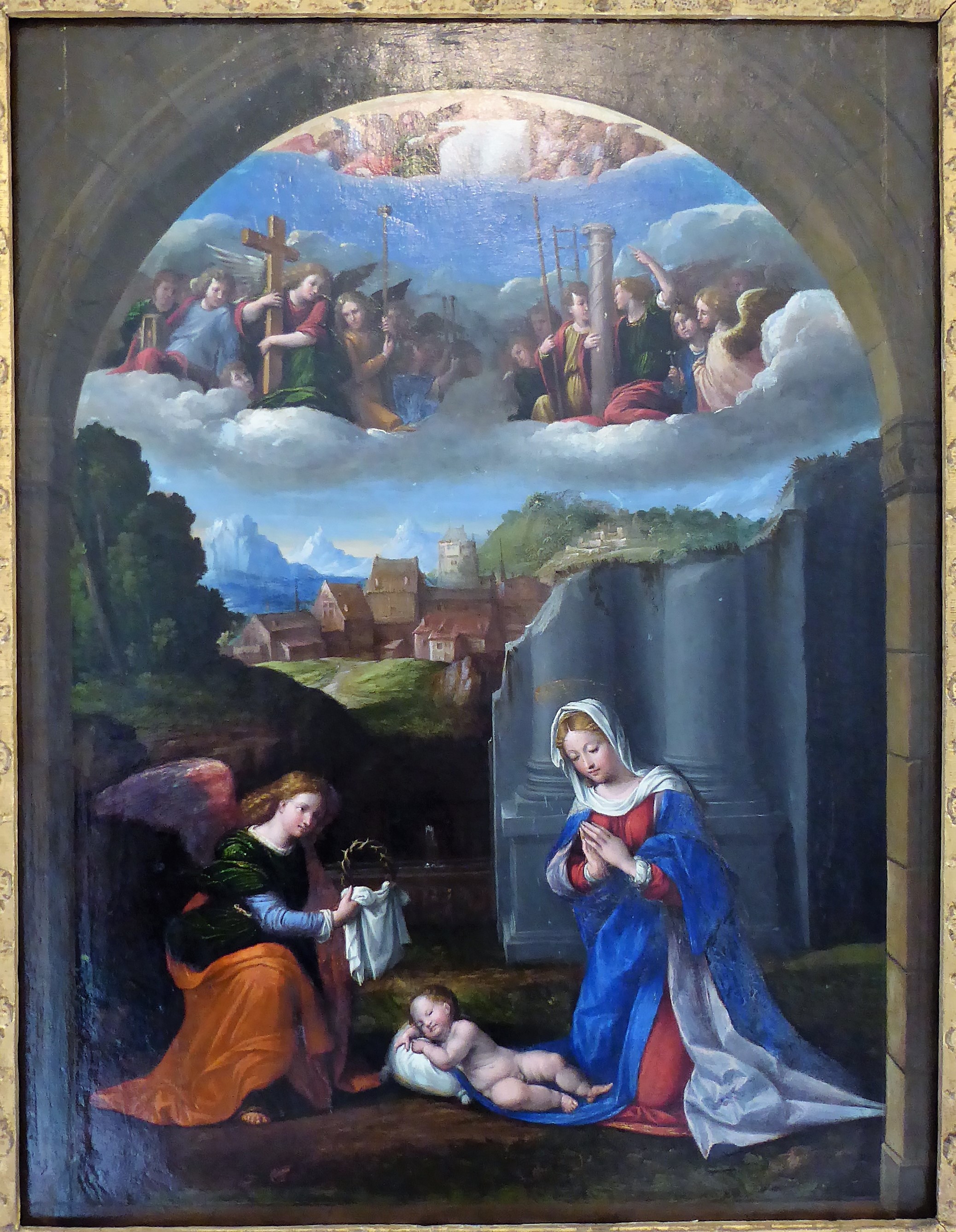 Benvenuto Tisi, Adoration of the Child, with the instruments of the Passion