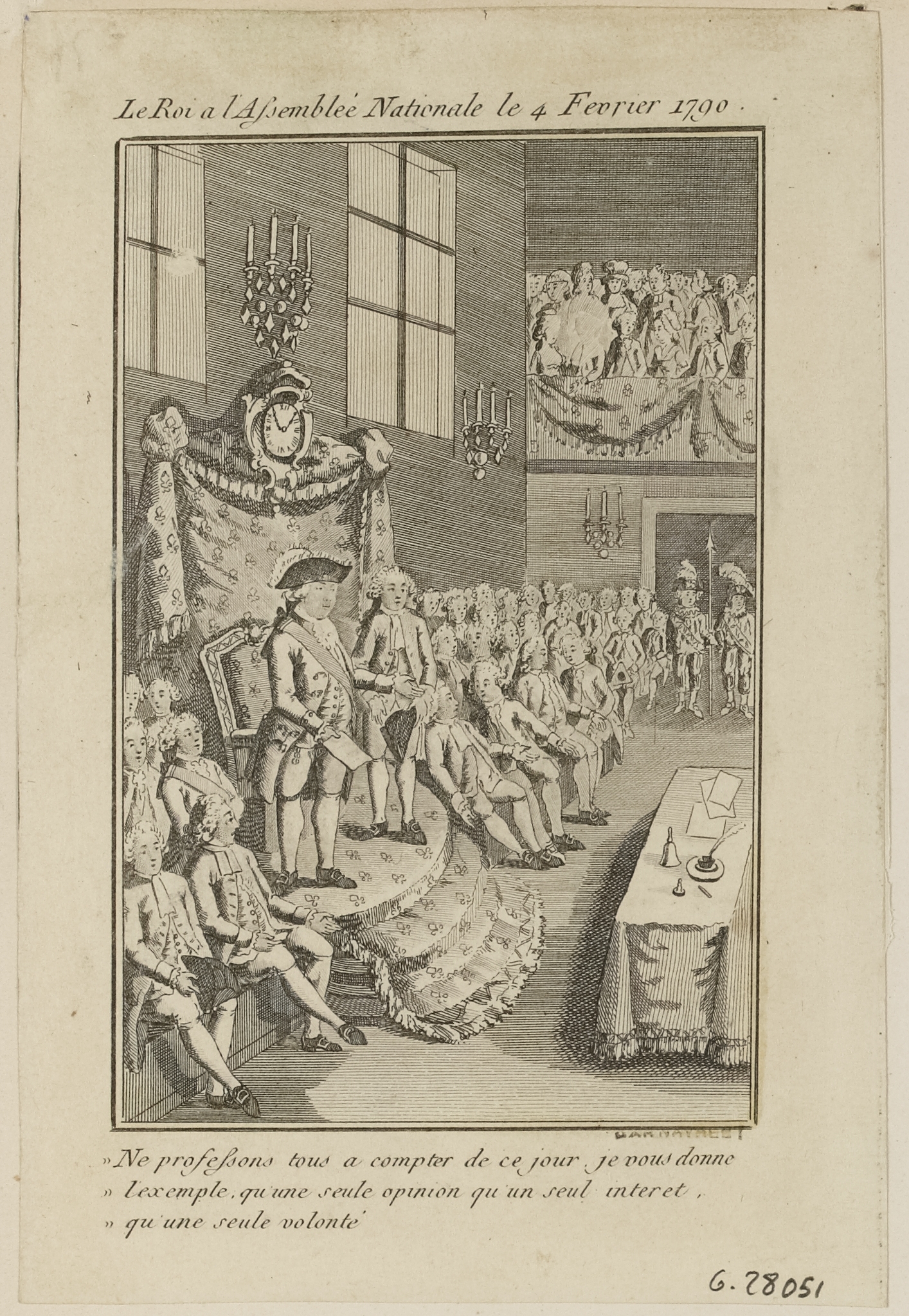 Anonyme, Le Roi proclame son rattachement à la Constitution, devant l'Assemblée Nationale (Constituante), le 4 février 1790. Extrait du Journal des Révolutions de Paris.