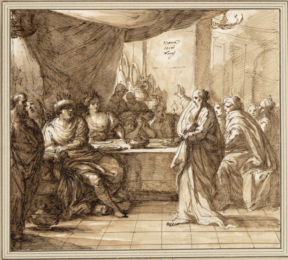 Anonym, Das Gastmahl des Belsazar. Der Prophet Daniel erklärt Belsazar, König von Babylon, der Königin und dem Hofstaat die Worte 'Mene tekel vares' anhand des Falles seines Königreiches (Daniel 5,1-6)