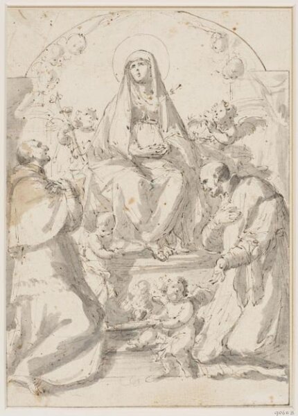 Unknown, The Virgin of the Seven Sorrows with a sword in her breast, adored by S. Carlo Borromeo and another priest