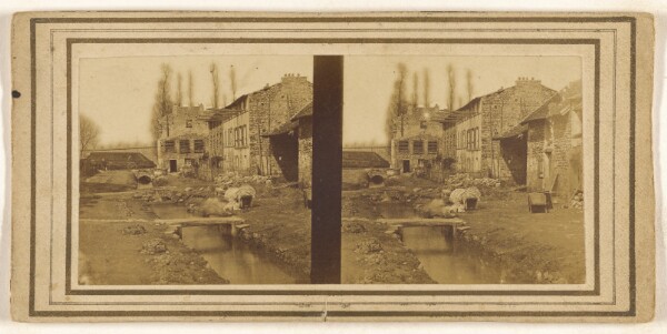 Unknown, [Unidentified village with small moat and footbridges]
