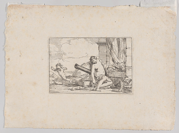 Giulio Carpioni, Fire, represented by Venus seated before Vulcan's forge, with armor, a cannon, and cannon balls surrounding her, she turns her head toward Cupid, who stretches his body away from her, from "The Elements"