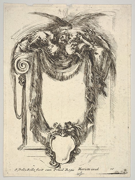 Stefano della Bella, A cartouche formed by drapery and topped with two skeletons atop an Ionic entablature, plate 10 from "Nouvelles inventions de Cartouches"