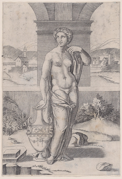 Agostino Veneziano (Agostino dei Musi), Woman Standing near a Vase