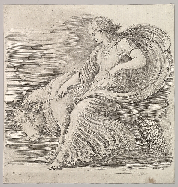 Stefano della Bella, A woman in profile pulling back on a rope tied around the horns of a young bull