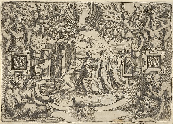 Battista Angolo del Moro, Four women surrounding a seated figure, a bird above them, set within an elaborate frame