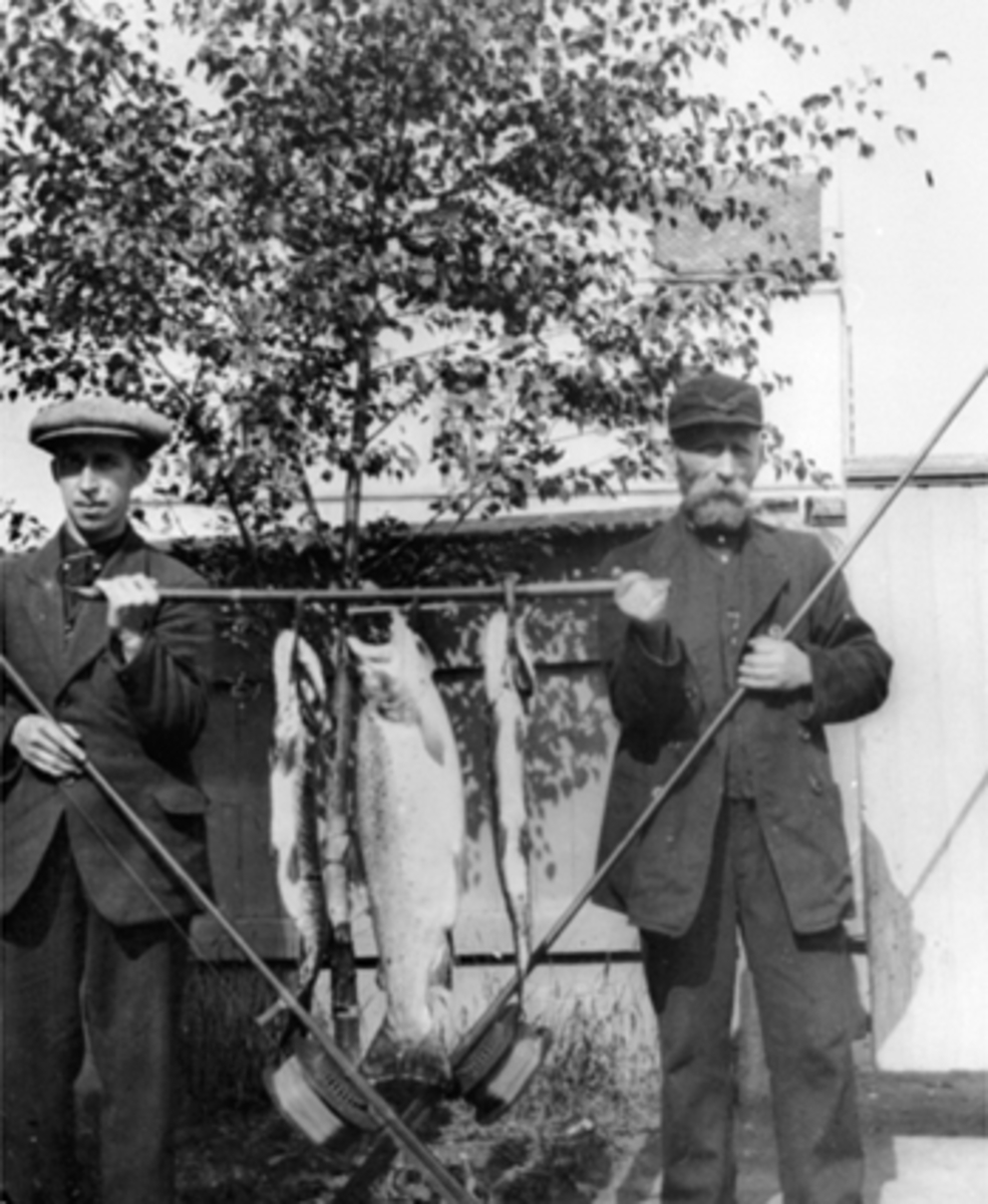 Anno Domkirkeodden, 2 mjøsfiskere, 2 gjedder, 1 ørret, dreggstenger, dreggsprøtt Paul Stensby til v. Ole Engebretsen til h. Ole Engebretsen arbeidet v/NSB til 1927. Ørretten veide 7 kg. Bildet har hengt på fiskehytta på Jessnes. Se Hamarboka fra 1982, bilde nr. 307.