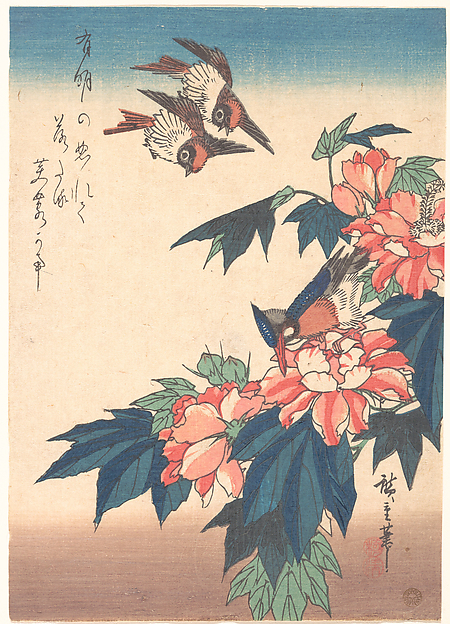 Utagawa Hiroshige, Swallows and Kingfisher with Rose Mallows