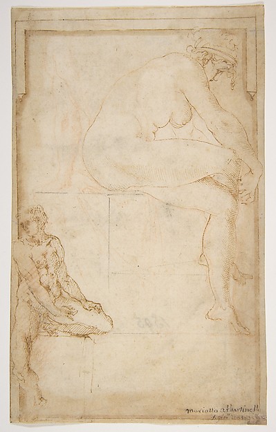 Rosso Fiorentino, Two Figures in an Architectural Setting: A Female Nude Seated in a Profile View and  a Seated Male Nude in a Three-Quarter View with the Left Leg Bent