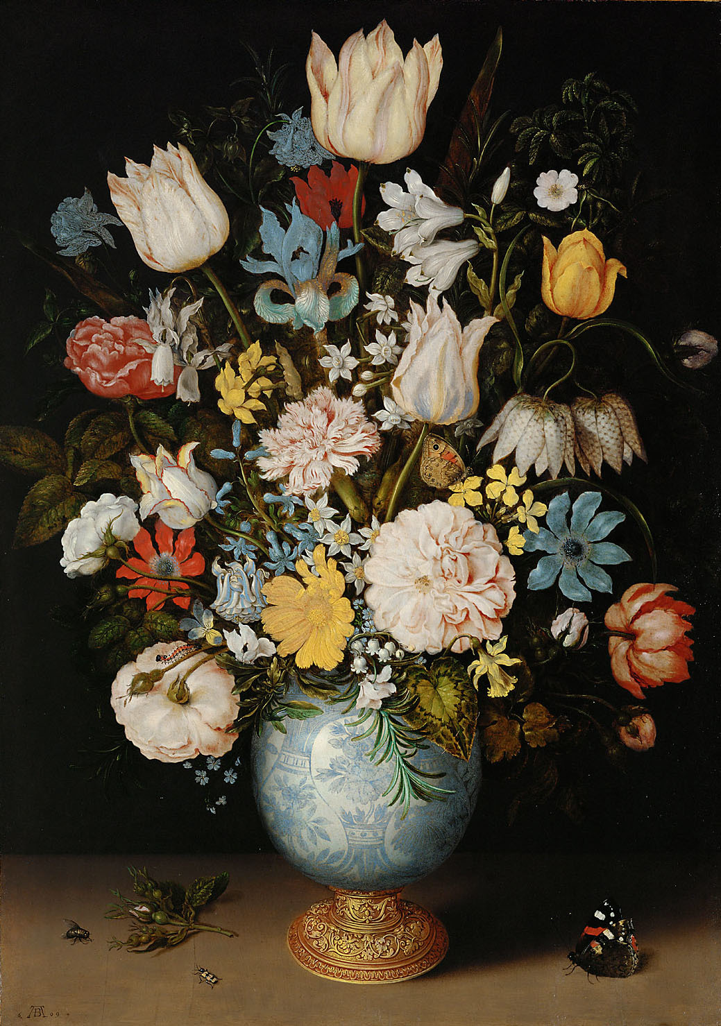 Ambrosius Bosschaert, Flowers in a blue and white porcelain vase