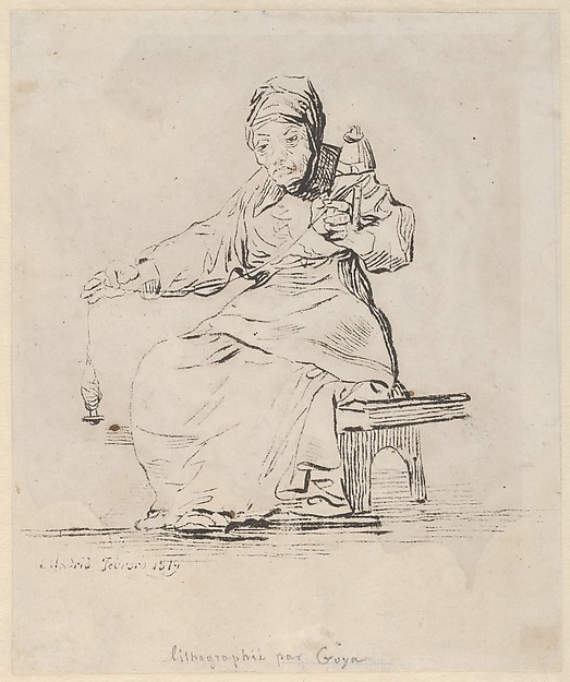 Goya (Francisco de Goya y Lucientes), An old woman spinning, spindle in her right hand, distaff in her left
