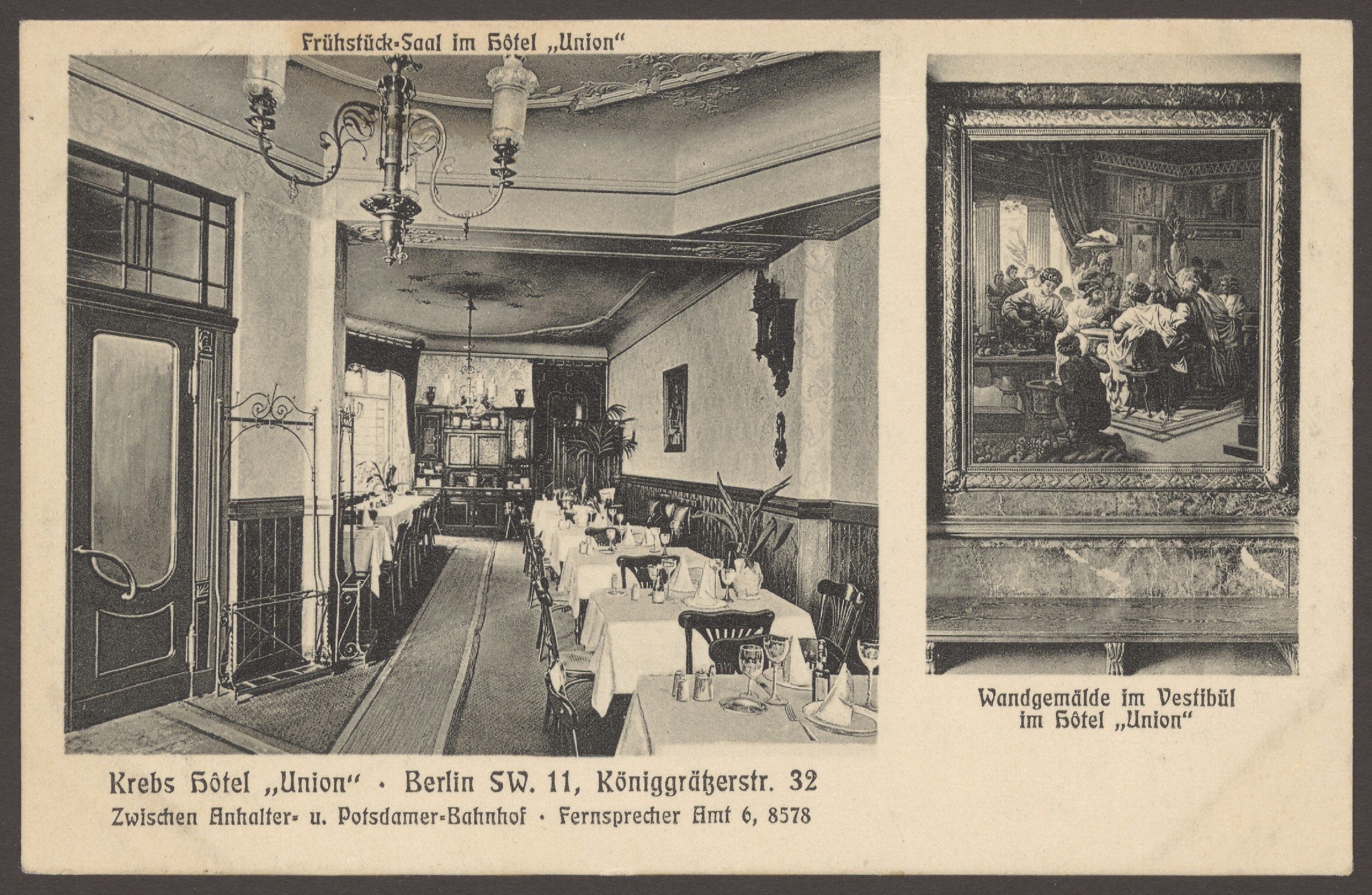 Graphisches Institut Urania (Charlottenburg), Ansichtskarte "Krebs Hôtel Union", Frühstückssaal und Gemälde, Königgrätzer Straße [1/2]