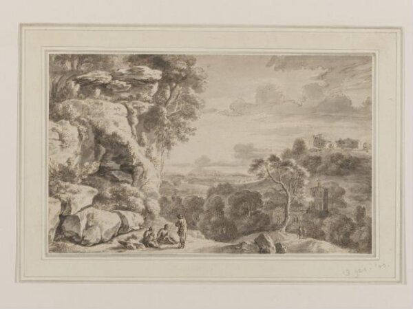Herman van Swanevelt, Italianate landscape with figures conversing near rocky cliffs