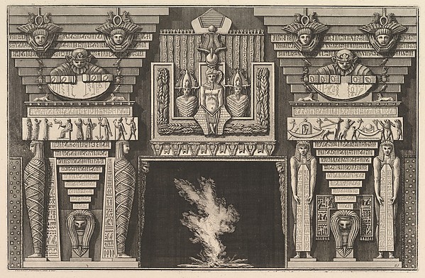 Giovanni Battista Piranesi, Chimneypiece in the Egyptian style: Two mummies in profile on the left and two figures brearing obelisks on the right (Ch. à l'ègyptienne), from Diverse Maniere d'adornare i cammini ed ogni altra parte degli edifizi...(Different Ways of ornamenting chimneypieces and all other parts of houses)