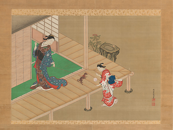 Nishikawa Sukenobu, Courtesan and Attendant Playing with a Dog