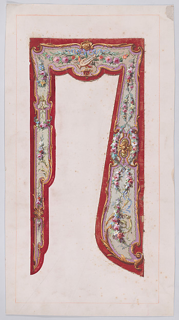 Anonymous, French, 19th century, Design for a Valance with Thin Garlands and Bundles of Flowers and a Lyre Inside an Ornamental Frame with Scrolling Motifs Presenting Two Different Variations for the Design