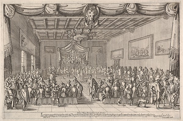 Stefano della Bella, Banquet of the Piacevoli, Medici coat of arms at top center