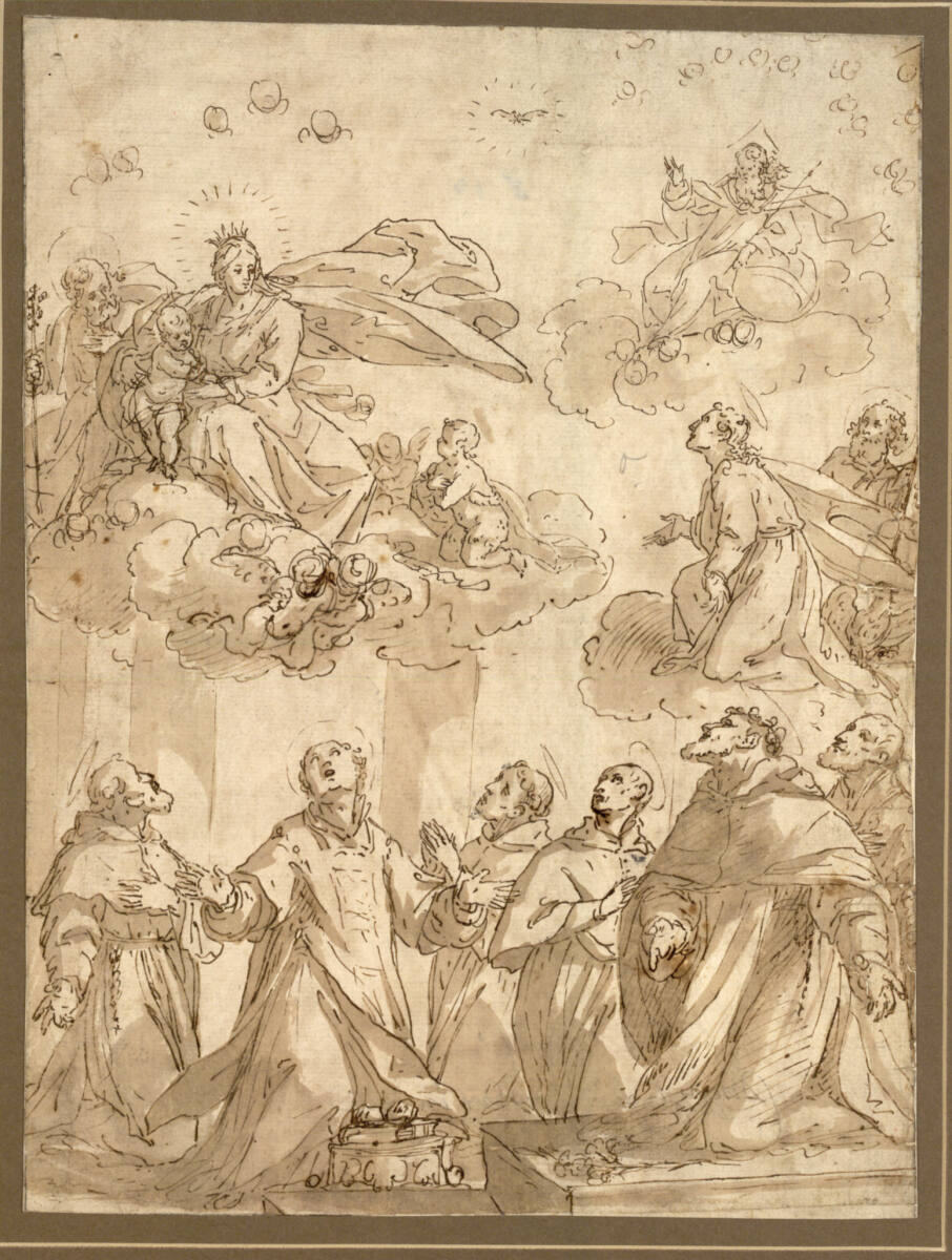 Anonym, Heilige Familie mit Gottvater, den Evangelisten Johannes und Lukas in Wolken schwebend über einer Gruppe von Heiligen: Franziskus (?), Stephanus, Antonius von Padua (?), Karl Borromäus, Domenikus und Filippo Neri (?)