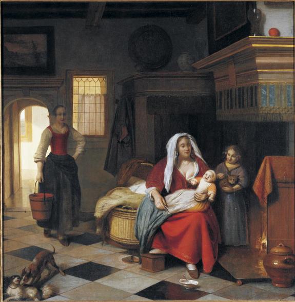 Pieter de Hooch, A mother with two children and a maid with a pail by a fireplace