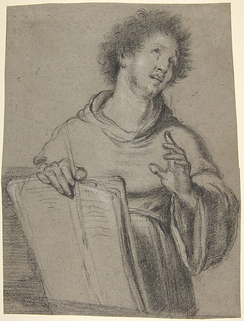 Bernardo Strozzi, Half-Length Study of a Monk Holding a Book and a Long Implement