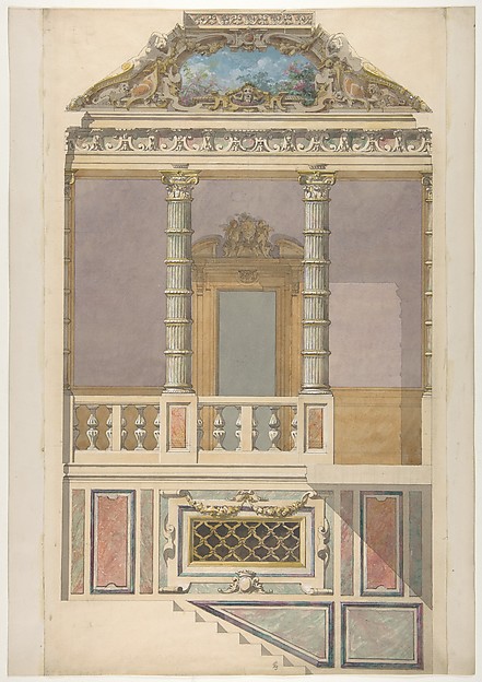 Jules-Edmond-Charles Lachaise, Elevation of an Italianate interior, including steps and an upper  loggia decorated in composite columns