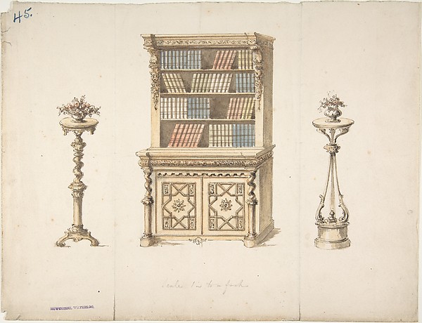 Anonymous, British, 19th century, Design for a Cabinet-Bookcase and Two Stands for Flowers