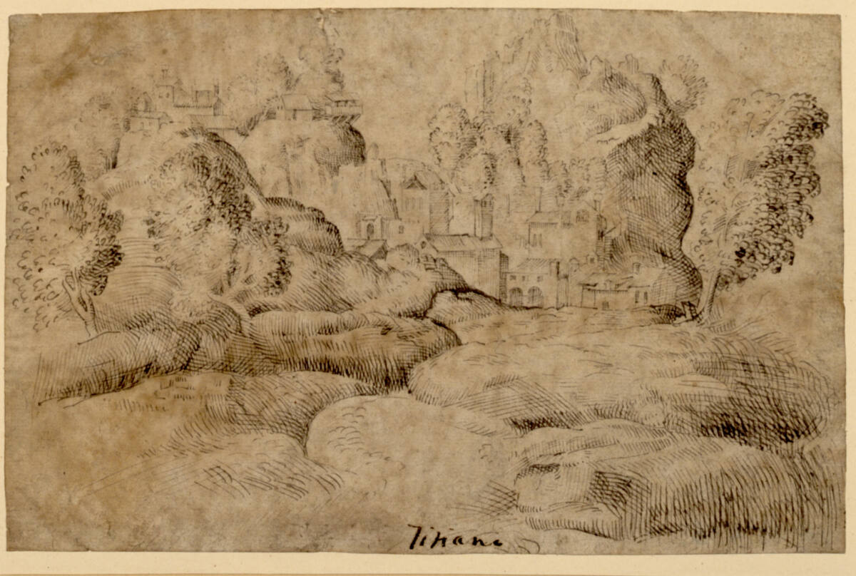 Anonym, Felsige Landschaft mit einer Ansiedlung auf dem Felsen und an seinem Fuße