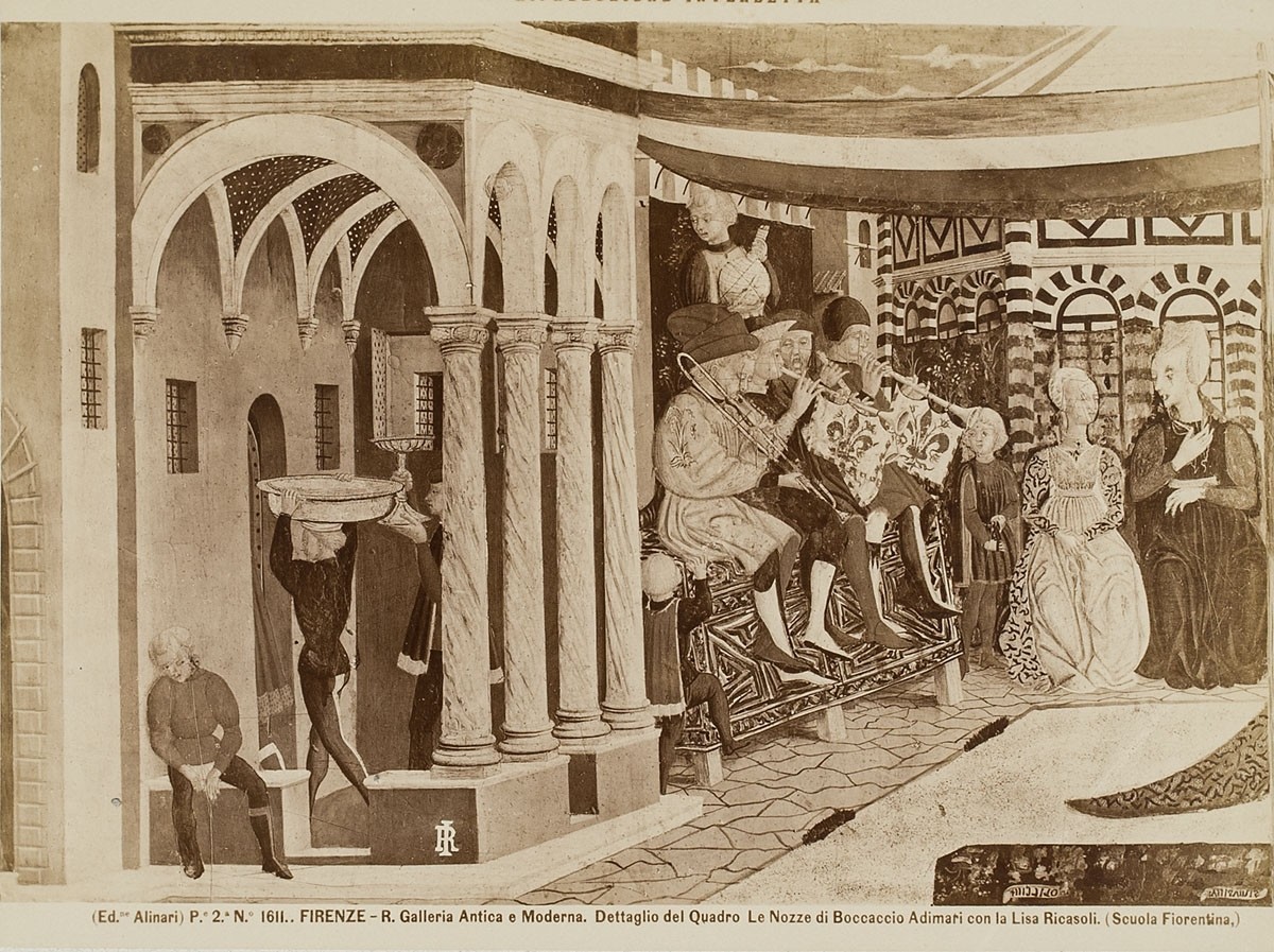 Fratelli Alinari, Detail aus dem Gemälde "Hochzeit des Boccaccio Adimari und der Lisa Ricasoli", Florentiner Schule, Accademia di Belle Arti, Florenz